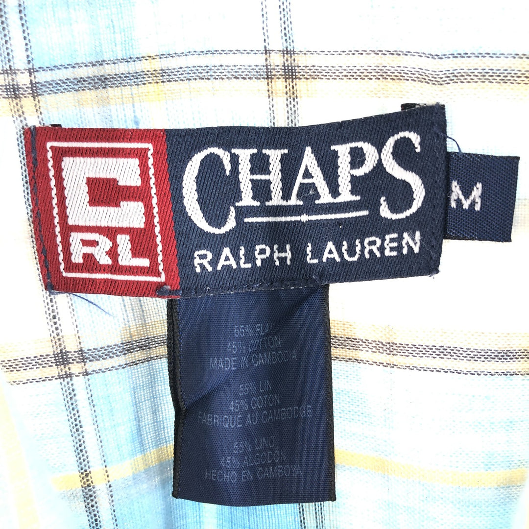 90'S Ralph Lauren CHAPS Check Pattern Short Sleeve Linen Button Down Shirt Box Shirt Men's M cotton blue type Vintage Second Hand
