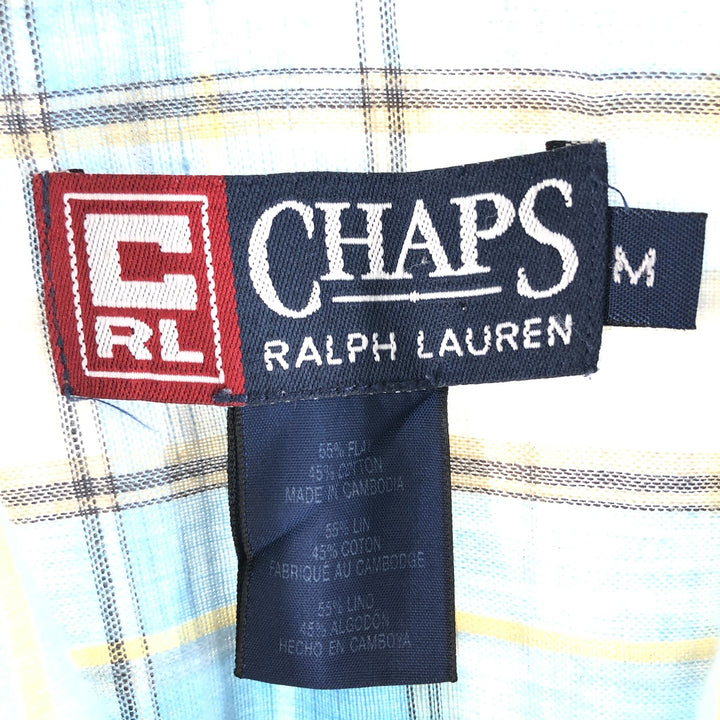90'S Ralph Lauren CHAPS Check Pattern Short Sleeve Linen Button Down Shirt Box Shirt Men's M cotton blue type Vintage Second Hand