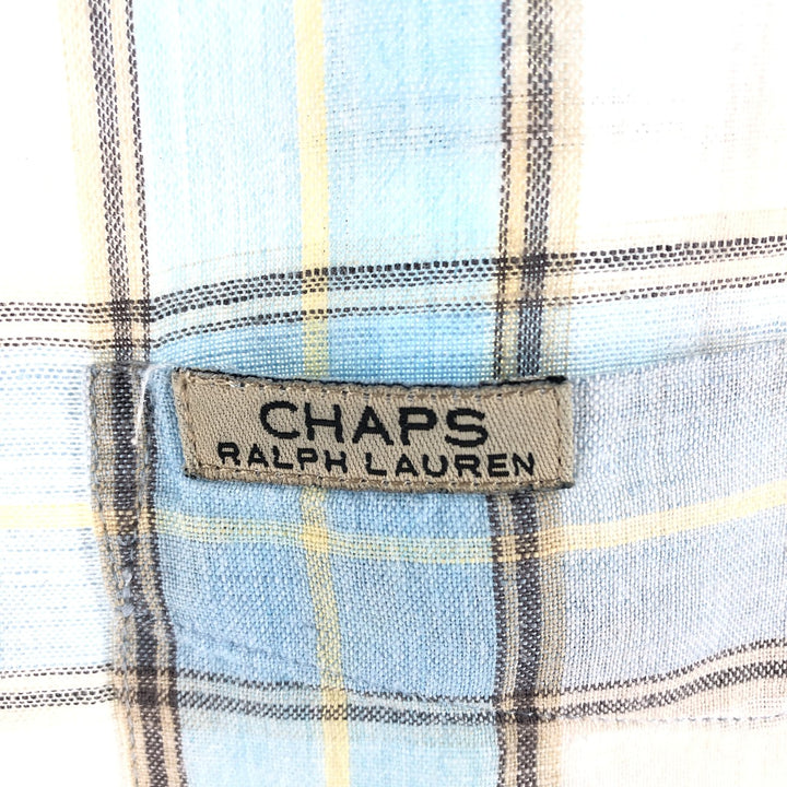 90'S Ralph Lauren CHAPS Check Pattern Short Sleeve Linen Button Down Shirt Box Shirt Men's M cotton blue type Vintage Second Hand