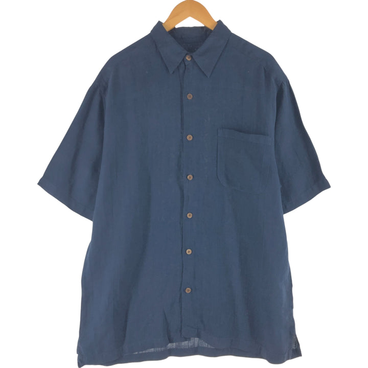 CARIBBEAN JOEA Stripe Pattern Short Sleeve Linen Shirt Box Shirt Men's XL linen navy blue type Vintage Second Hand