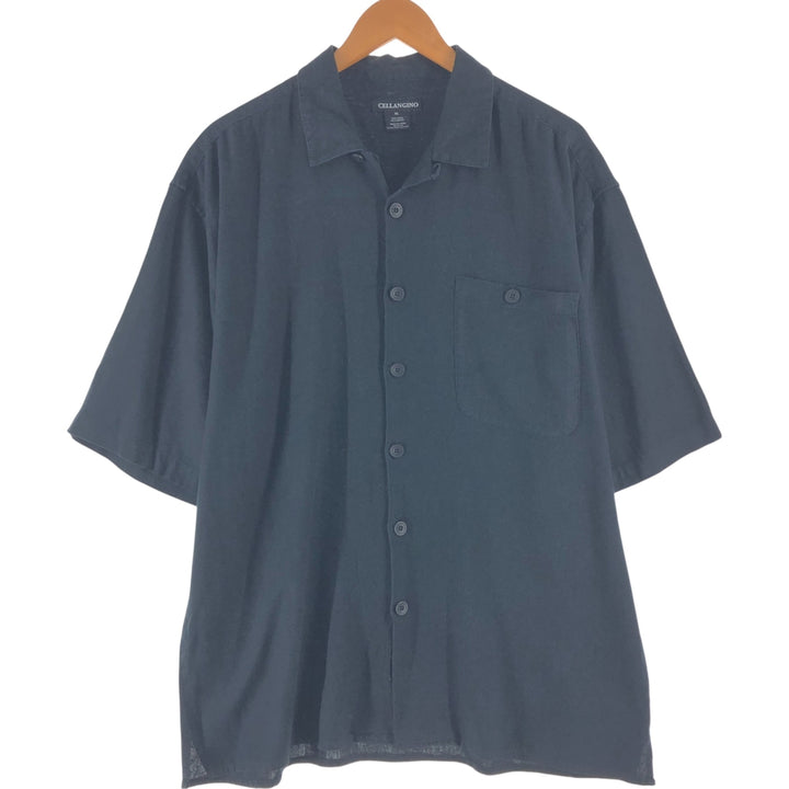 CELLANGINO Short Sleeve Open Collar Linen x Rayon Shirt Box Shirt Men's XL Size linen black type Vintage Second Hand