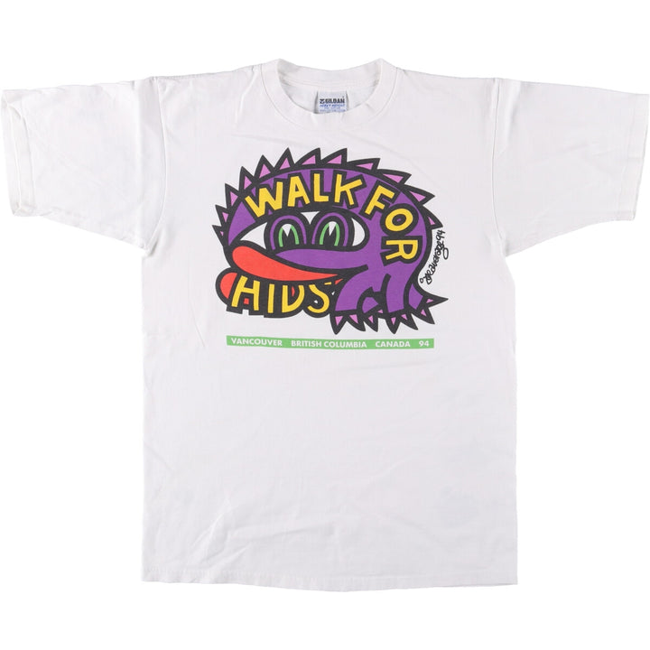 90'S Gildan WALK FOR AIDS printed T-shirt, made in Canada, men's size L, vintage cotton white type Vintage Second Hand
