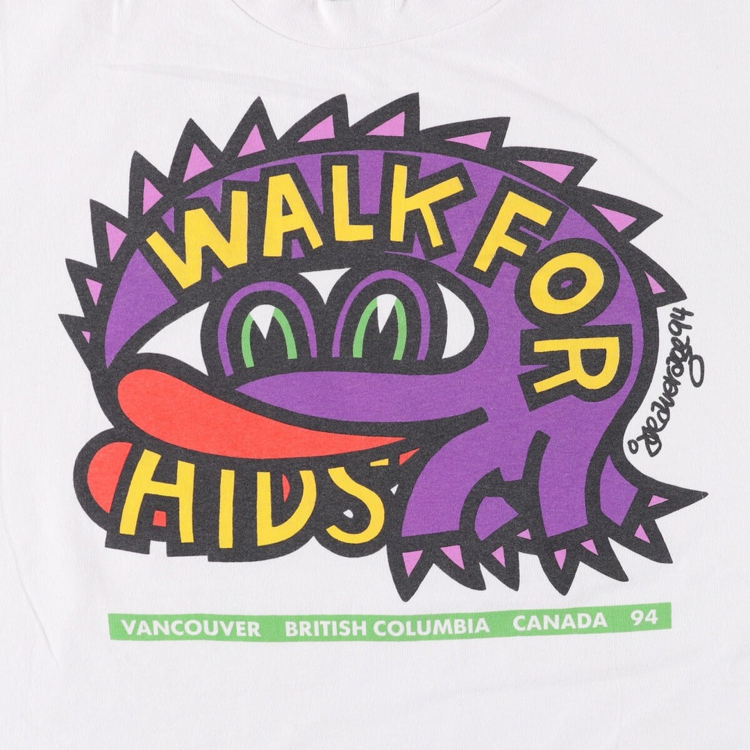 90'S Gildan WALK FOR AIDS printed T-shirt, made in Canada, men's size L, vintage cotton white type Vintage Second Hand