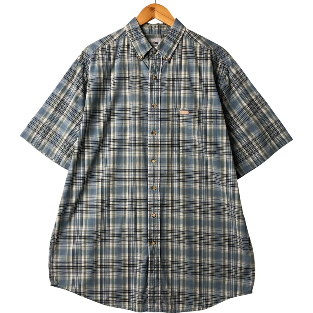 Carhartt Check Pattern Button-down Short Sleeve Work Shirt, Men's Size L cotton Blue type light blue Vintage Second Hand