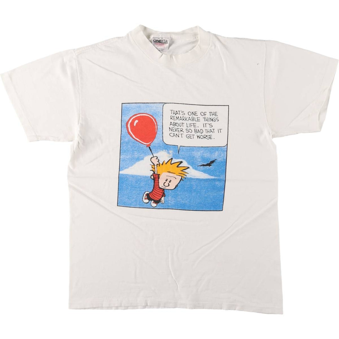 90'S ONEITA Calvin and Hobbes Character Print T-Shirt Men's Medium Vintage cotton white type Vintage Second Hand