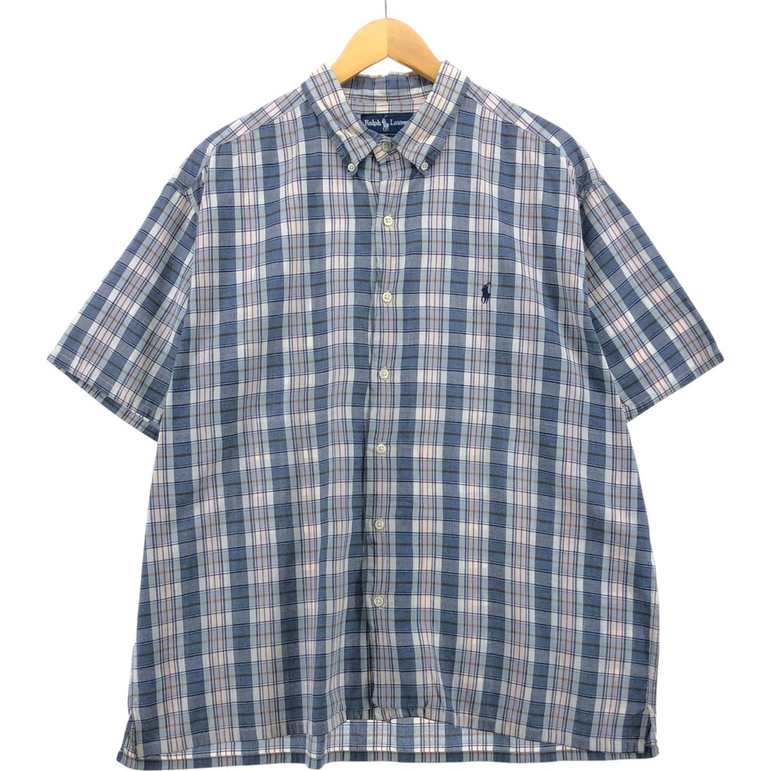 Ralph Lauren GREGGOR short sleeve button down check shirt box shirt men's XL size cotton navy blue type Vintage Second Hand