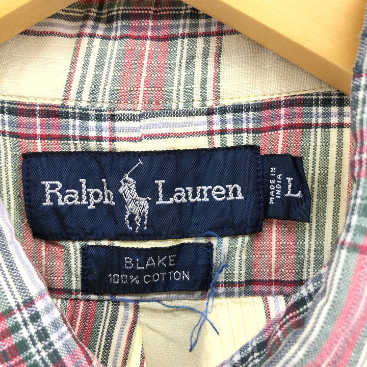 Ralph Lauren BLAKE short sleeve button down check shirt, men's size L cotton yellow type Vintage Second Hand