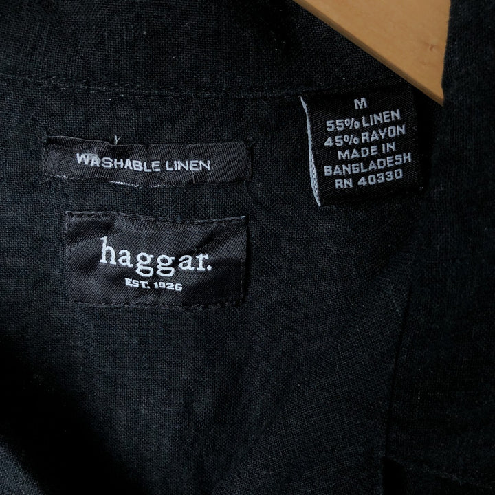 Haggar Washable Linen Short Sleeve Open Collar Rayon and Linen Box Shirt, Men's Size Medium linen black type Vintage Second Hand