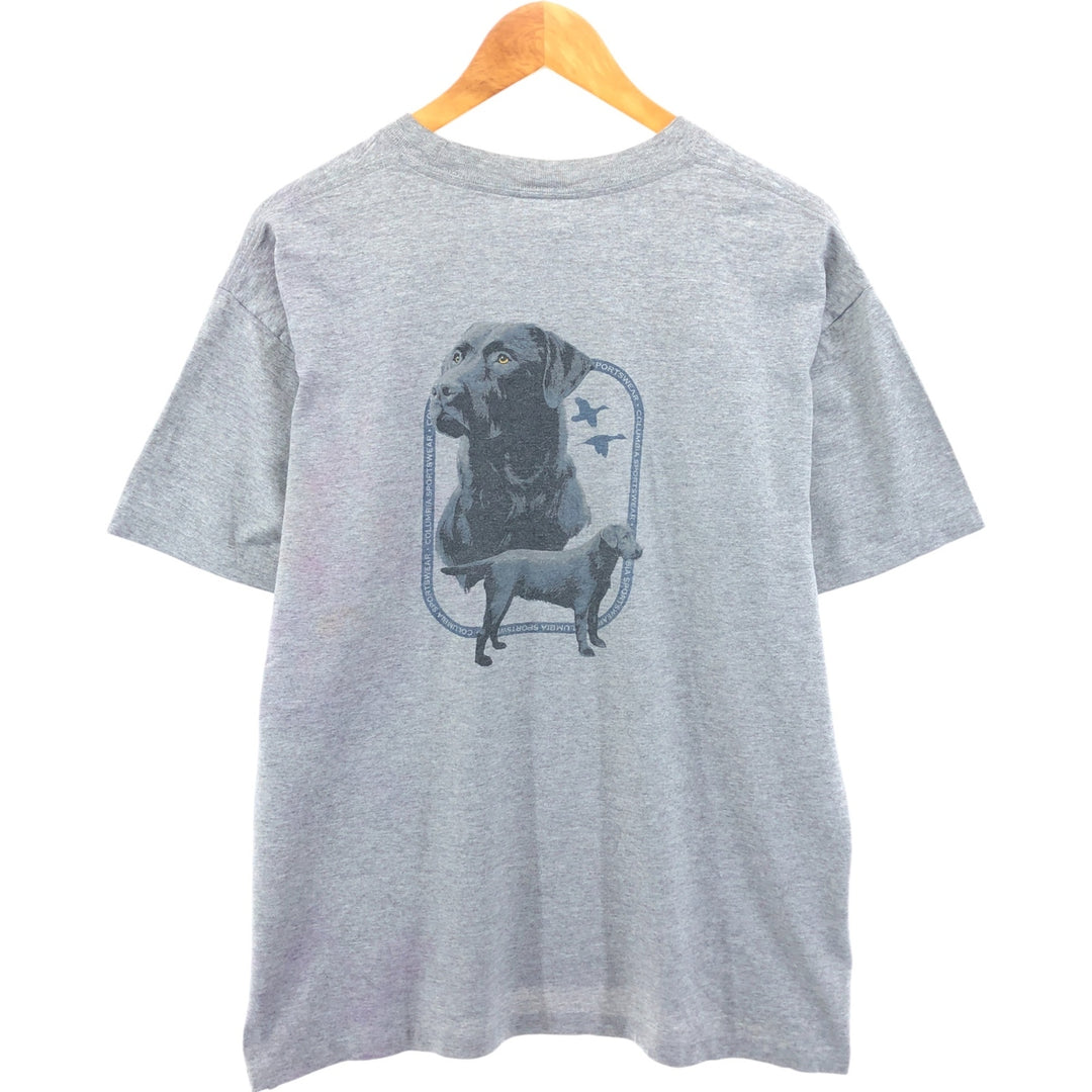 Columbia Dog Print Short Sleeve T-Shirt, Men's Size L cotton gray type Vintage Second Hand