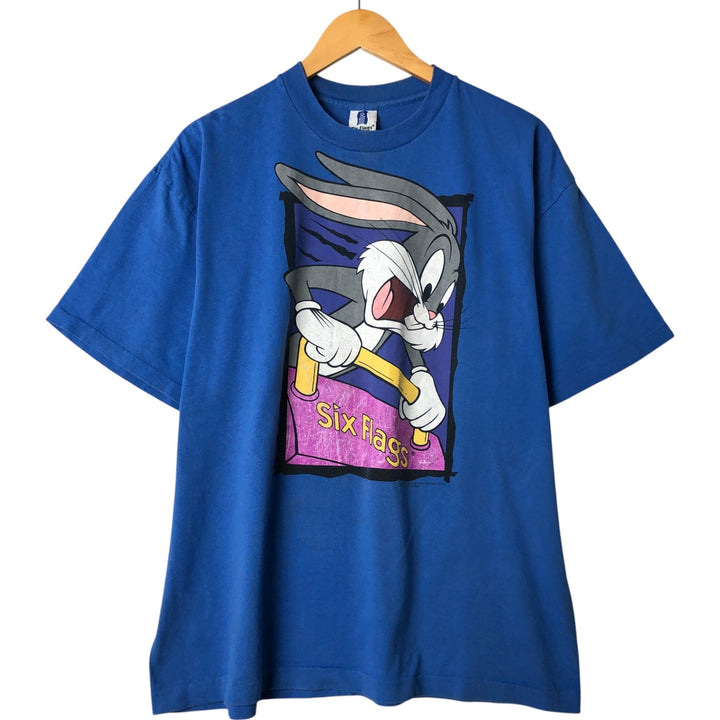 Vintage 90'S Six Flags Looney Tunes Bugs Bunny character print T-shirt, Made in USA, Men's XL cotton blue type Vintage Second Hand