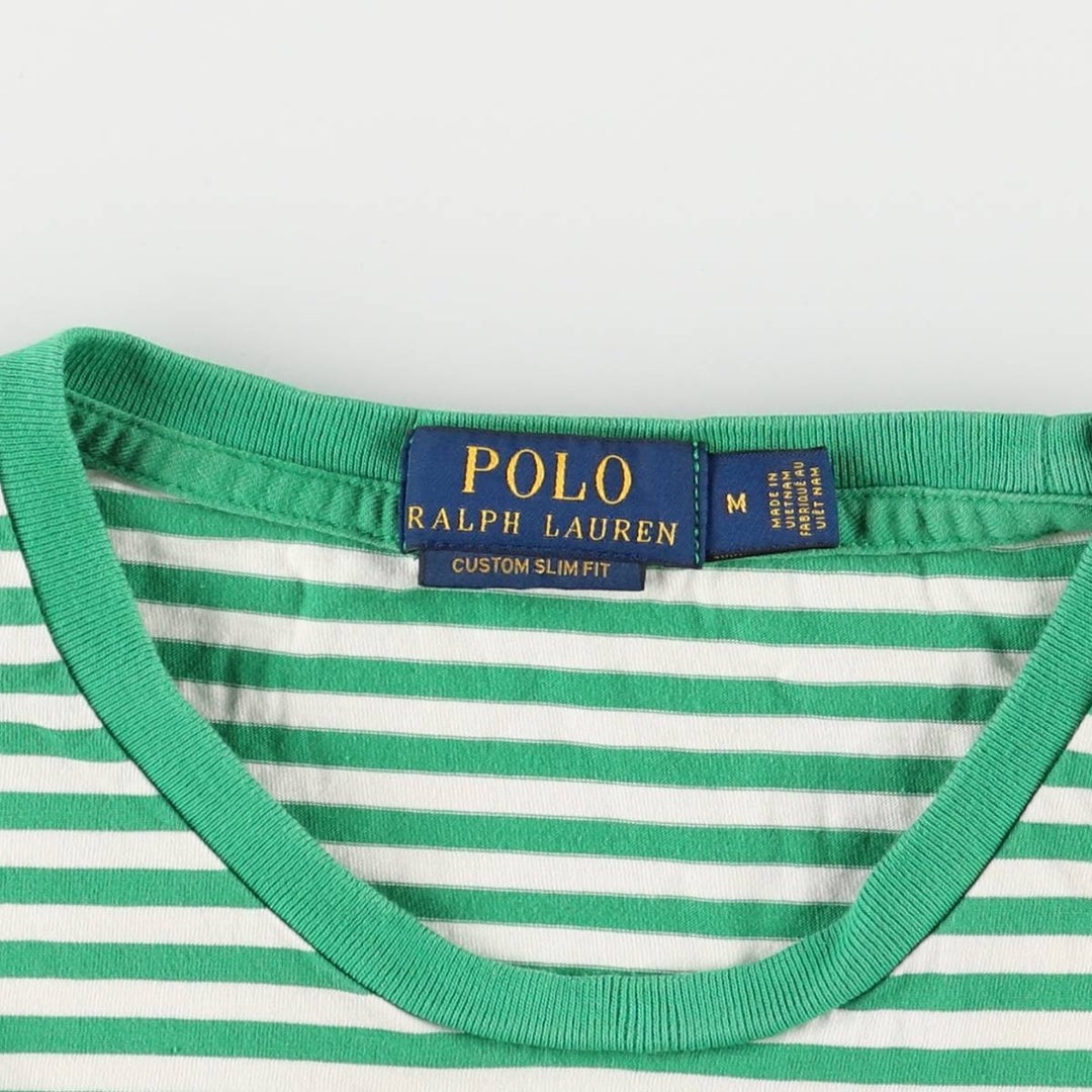 Ralph Lauren Custom Fit Short Sleeve Striped T-Shirt, Men's Size Medium unclear green type Vintage Second Hand