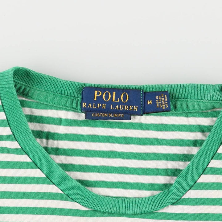 Ralph Lauren Custom Fit Short Sleeve Striped T-Shirt, Men's Size Medium unclear green type Vintage Second Hand