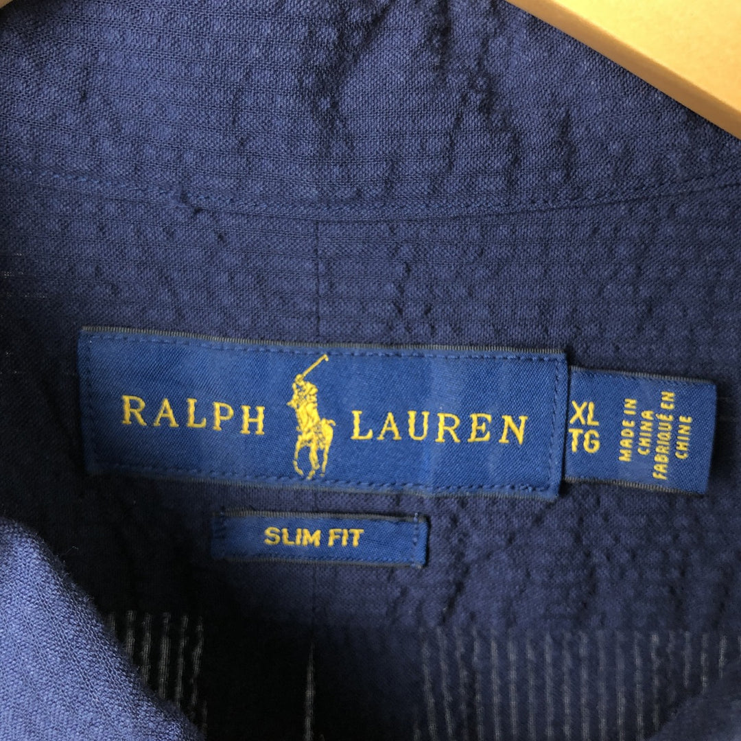 Ralph Lauren Slim Fit Seersucker Short Sleeve Button Down Shirt Men's XL cotton navy blue type Vintage Second Hand