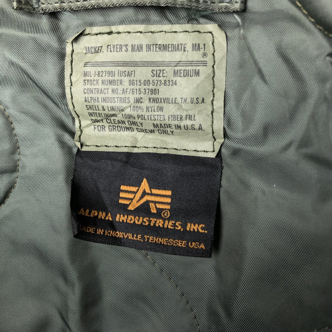 90'S civilian Alpha MA-1 style padded military flight jacket, made in the USA, men's size M, vintage Nylon Khaki type Vintage Second Hand