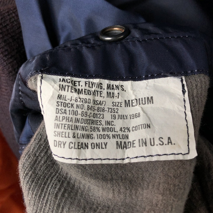 Vintage 1990'S Alpha MA-1 Military Flight Jacket, Made in the USA, Men's Size Medium Nylon navy blue type Vintage Second Hand