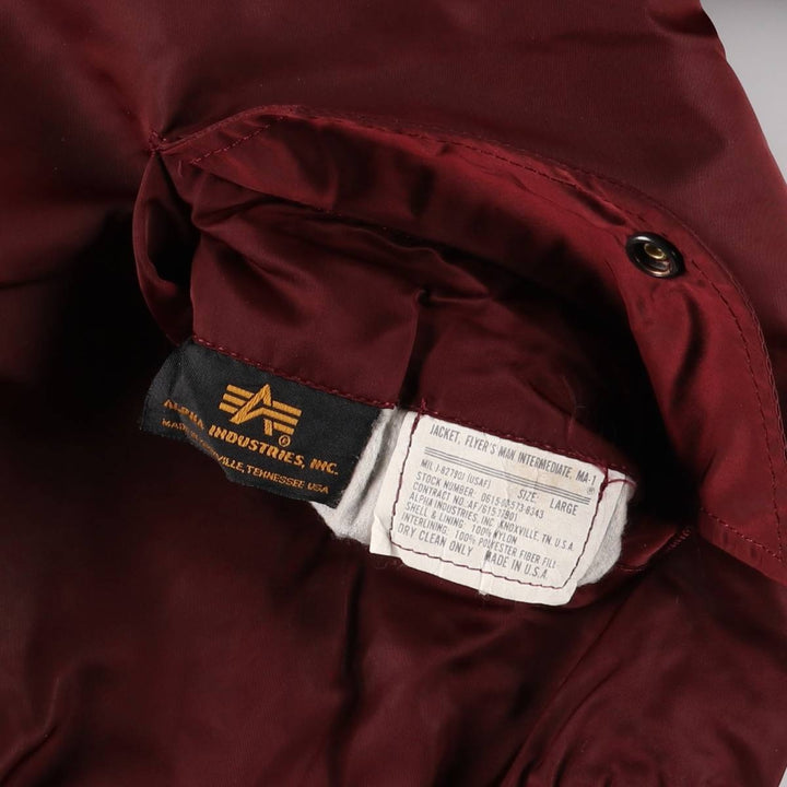 90'S civilian Alpha MA-1 style padded military flight jacket, made in the USA, men's size L, vintage Nylon burgundy type Vintage Second Hand