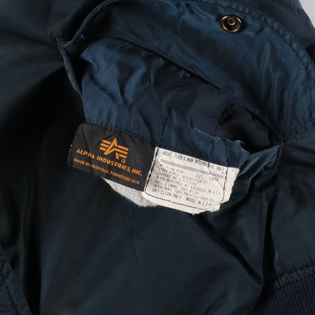 90'S civilian Alpha MA-1 style padded military flight jacket, made in the USA, men's size L, vintage Nylon navy blue type Vintage Second Hand
