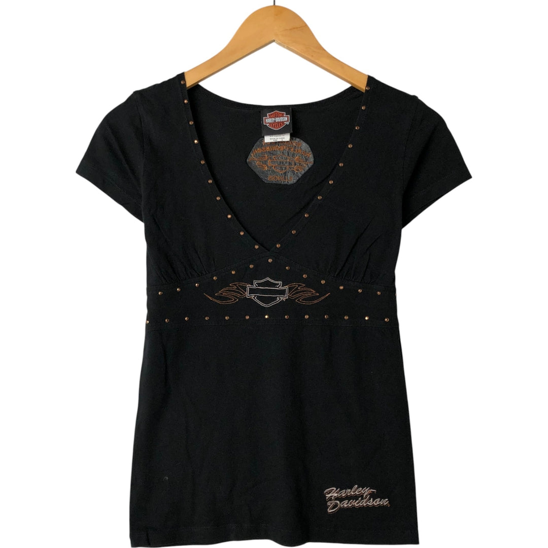 00'S Harley-Davidson V-neck studded motorcycle bike T-shirt for women (S size) cotton black type Vintage Second Hand