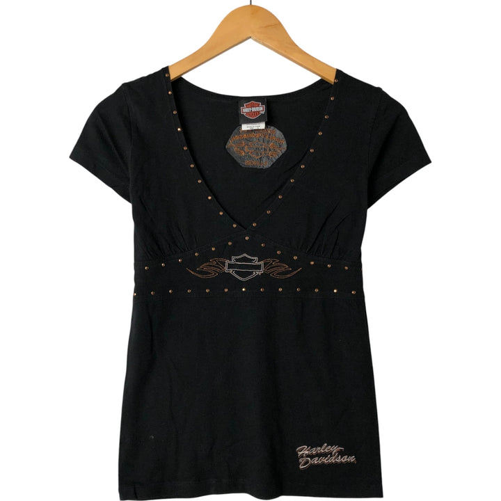 00'S Harley-Davidson V-neck studded motorcycle bike T-shirt for women (S size) cotton black type Vintage Second Hand