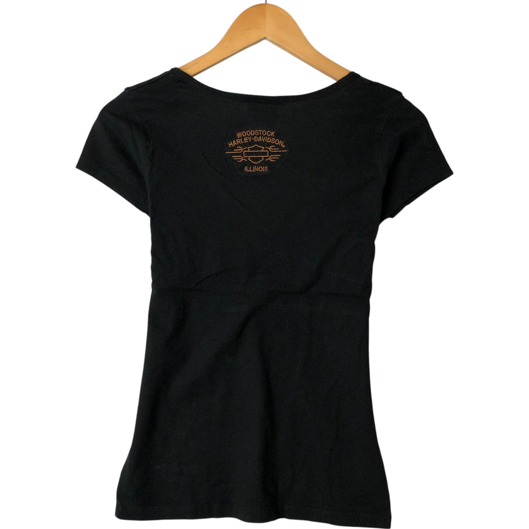 00'S Harley-Davidson V-neck studded motorcycle bike T-shirt for women (S size) cotton black type Vintage Second Hand