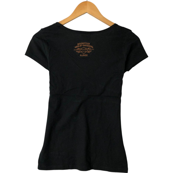 00'S Harley-Davidson V-neck studded motorcycle bike T-shirt for women (S size) cotton black type Vintage Second Hand