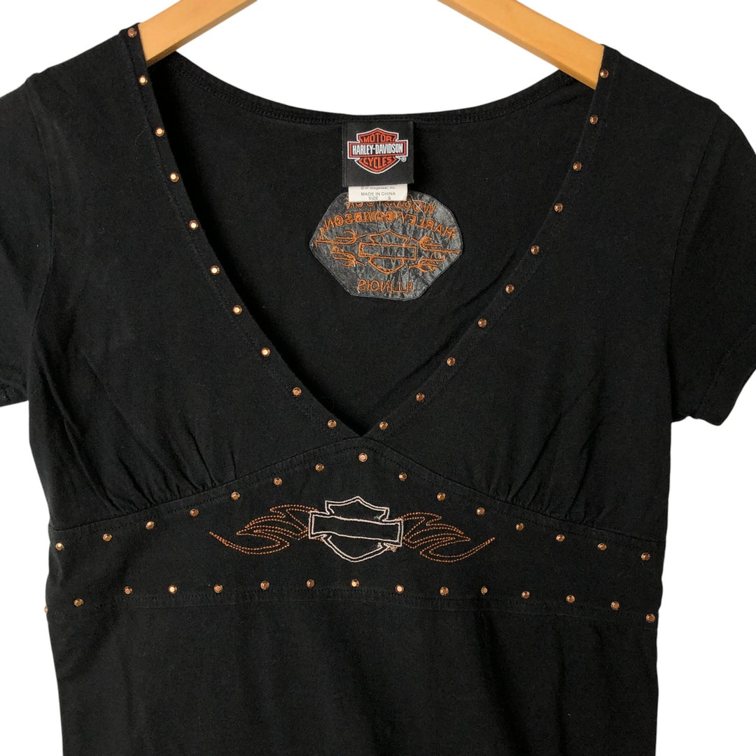 00'S Harley-Davidson V-neck studded motorcycle bike T-shirt for women (S size) cotton black type Vintage Second Hand