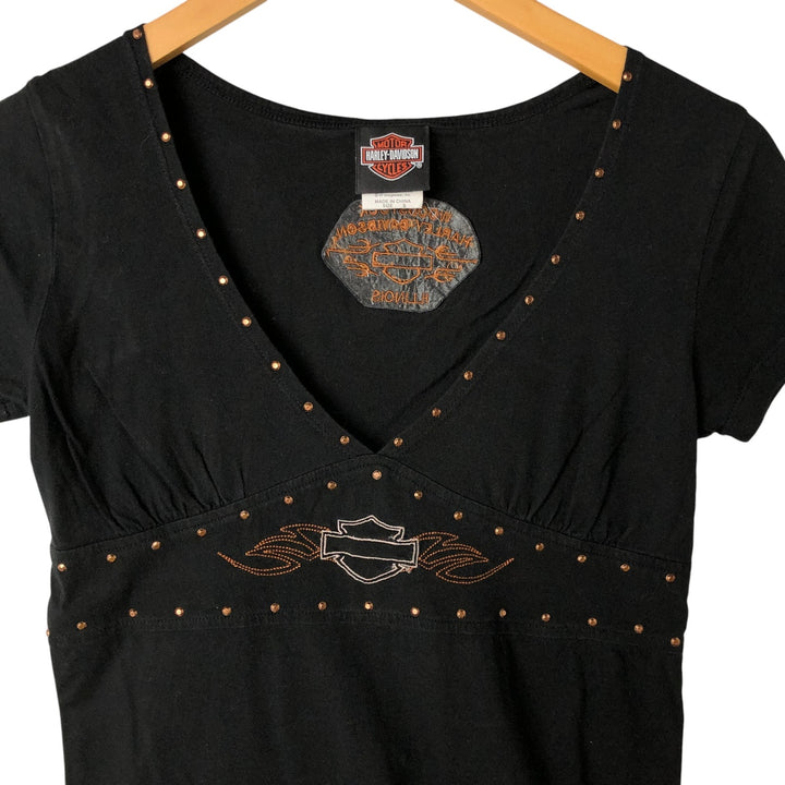 00'S Harley-Davidson V-neck studded motorcycle bike T-shirt for women (S size) cotton black type Vintage Second Hand
