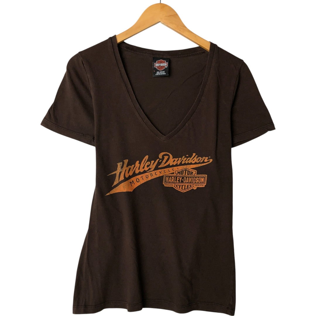 Harley-Davidson V-neck motorcycle bike T-shirt made in the USA, women's size L cotton brown type Vintage Second Hand