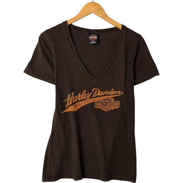 Harley-Davidson V-neck motorcycle bike T-shirt made in the USA, women's size L cotton brown type Vintage Second Hand