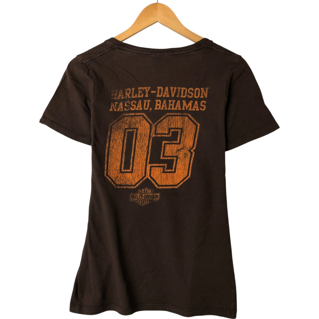 Harley-Davidson V-neck motorcycle bike T-shirt made in the USA, women's size L cotton brown type Vintage Second Hand