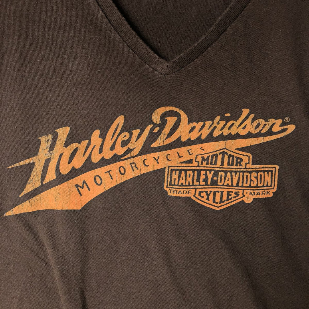 Harley-Davidson V-neck motorcycle bike T-shirt made in the USA, women's size L cotton brown type Vintage Second Hand