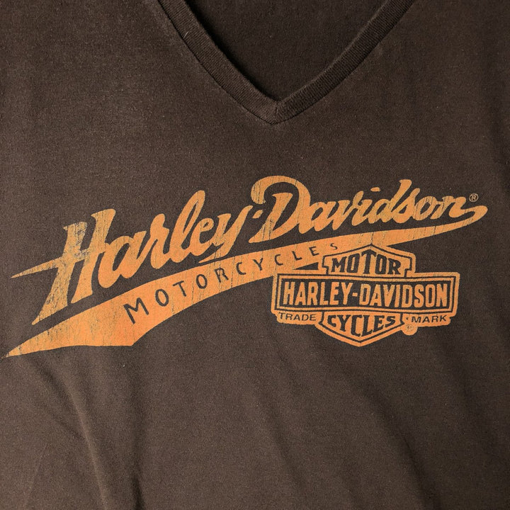 Harley-Davidson V-neck motorcycle bike T-shirt made in the USA, women's size L cotton brown type Vintage Second Hand
