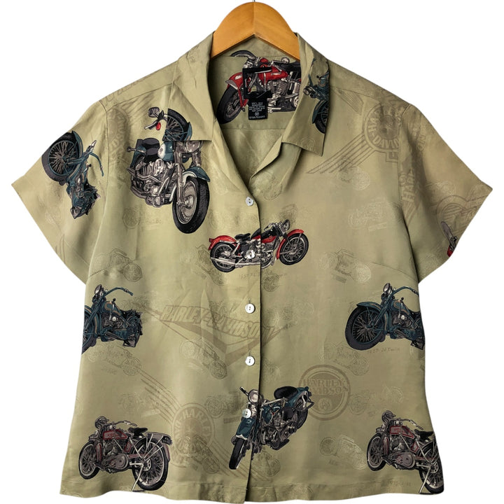 Harley Davidson all-over print open collar silk Hawaiian aloha shirt box shirt women's size M silk Khaki type sage green Vintage Second Hand