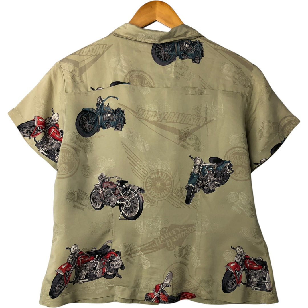 Harley Davidson all-over print open collar silk Hawaiian aloha shirt box shirt women's size M silk Khaki type sage green Vintage Second Hand