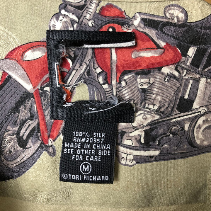 Harley Davidson all-over print open collar silk Hawaiian aloha shirt box shirt women's size M silk Khaki type sage green Vintage Second Hand