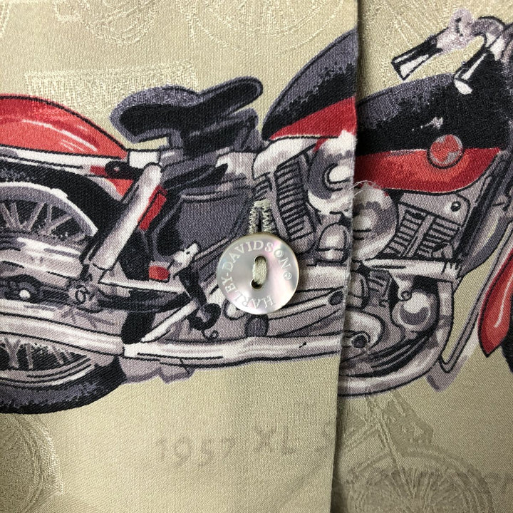 Harley Davidson all-over print open collar silk Hawaiian aloha shirt box shirt women's size M silk Khaki type sage green Vintage Second Hand