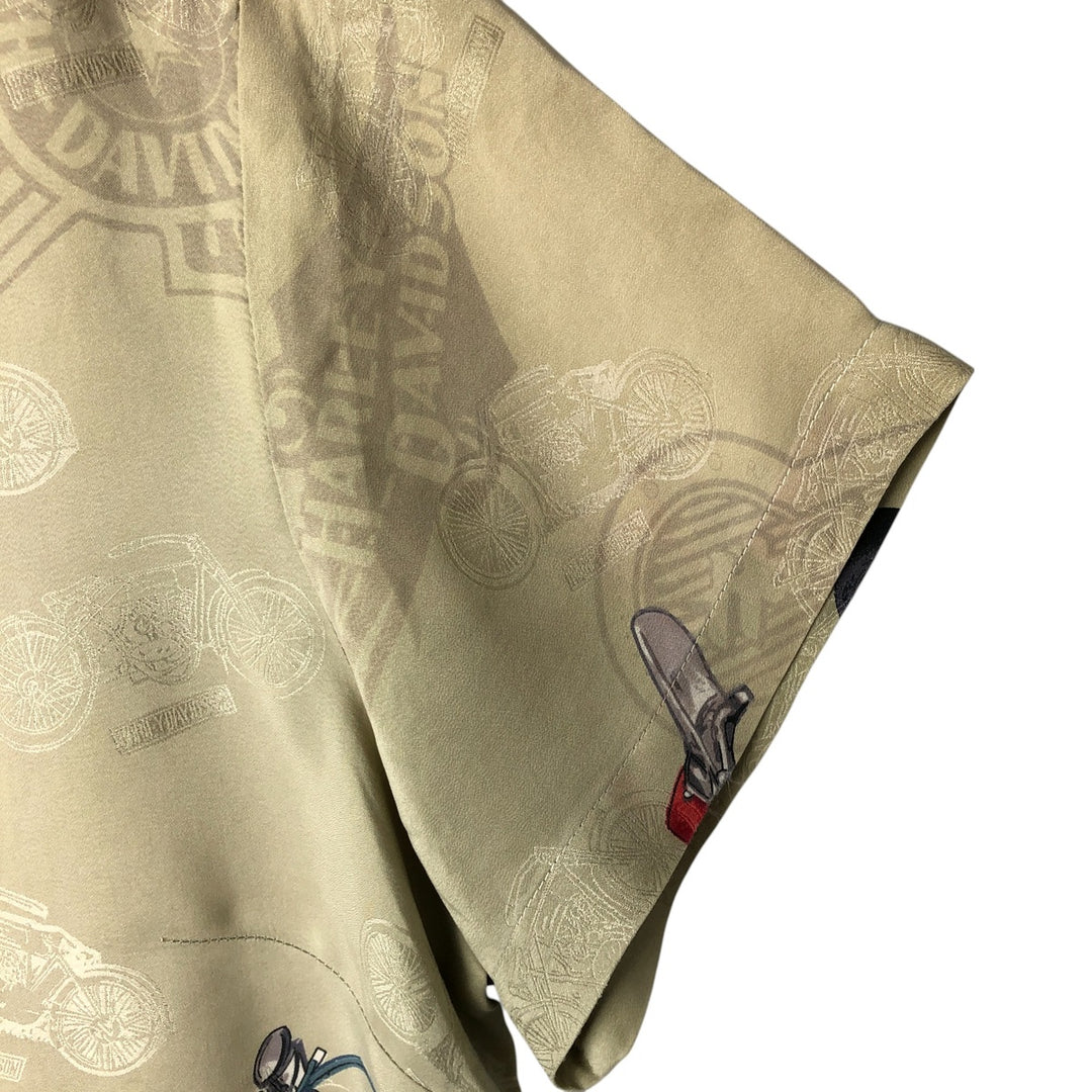 Harley Davidson all-over print open collar silk Hawaiian aloha shirt box shirt women's size M silk Khaki type sage green Vintage Second Hand