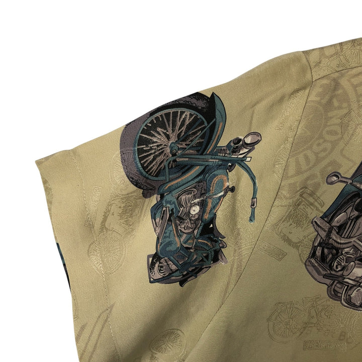 Harley Davidson all-over print open collar silk Hawaiian aloha shirt box shirt women's size M silk Khaki type sage green Vintage Second Hand