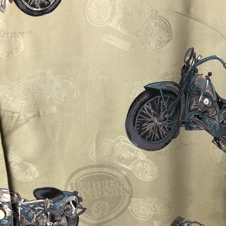 Harley Davidson all-over print open collar silk Hawaiian aloha shirt box shirt women's size M silk Khaki type sage green Vintage Second Hand
