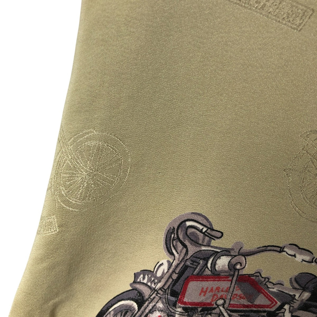 Harley Davidson all-over print open collar silk Hawaiian aloha shirt box shirt women's size M silk Khaki type sage green Vintage Second Hand