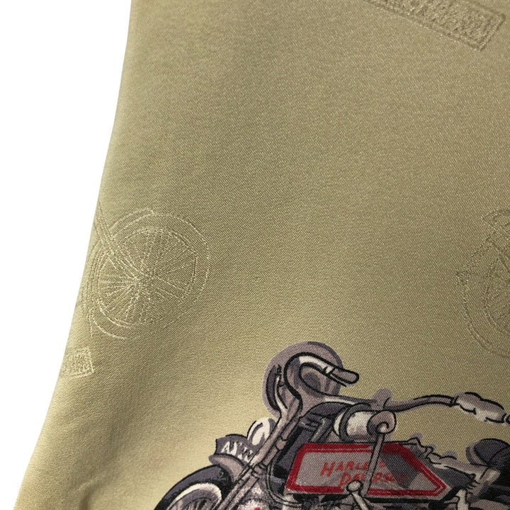 Harley Davidson all-over print open collar silk Hawaiian aloha shirt box shirt women's size M silk Khaki type sage green Vintage Second Hand