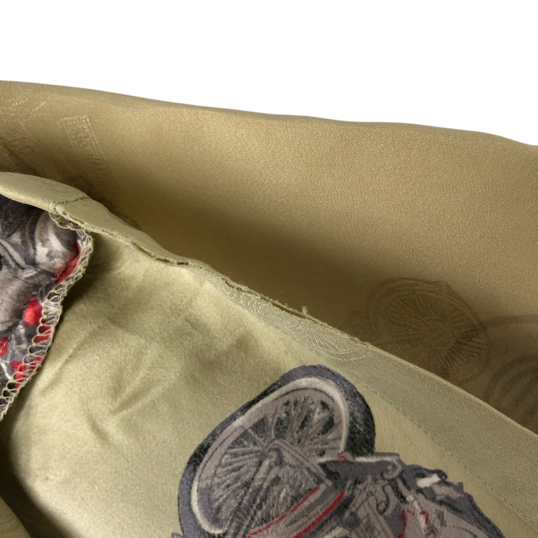 Harley Davidson all-over print open collar silk Hawaiian aloha shirt box shirt women's size M silk Khaki type sage green Vintage Second Hand