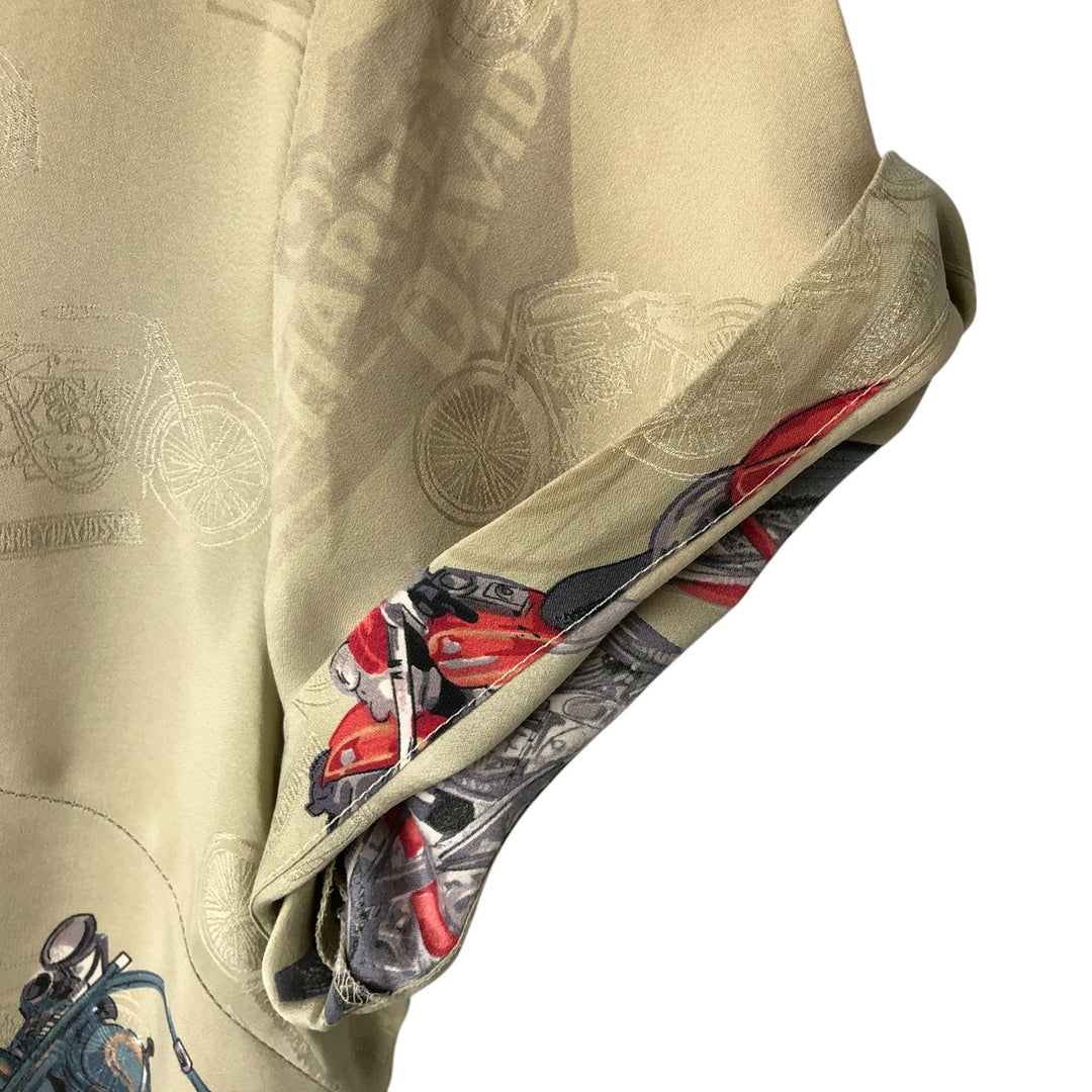 Harley Davidson all-over print open collar silk Hawaiian aloha shirt box shirt women's size M silk Khaki type sage green Vintage Second Hand