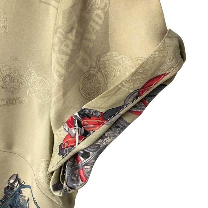 Harley Davidson all-over print open collar silk Hawaiian aloha shirt box shirt women's size M silk Khaki type sage green Vintage Second Hand