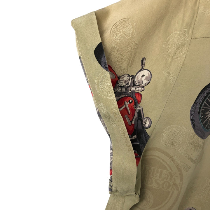 Harley Davidson all-over print open collar silk Hawaiian aloha shirt box shirt women's size M silk Khaki type sage green Vintage Second Hand