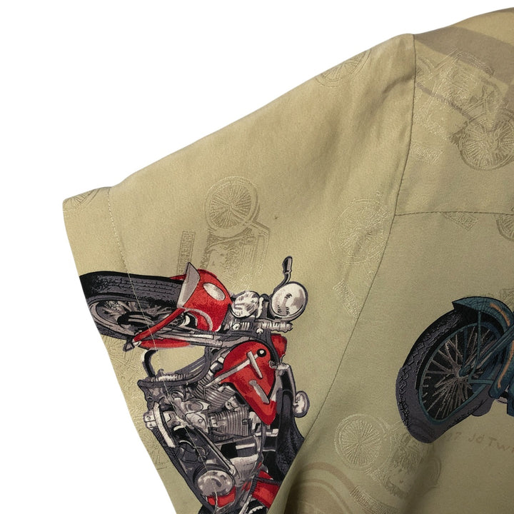 Harley Davidson all-over print open collar silk Hawaiian aloha shirt box shirt women's size M silk Khaki type sage green Vintage Second Hand