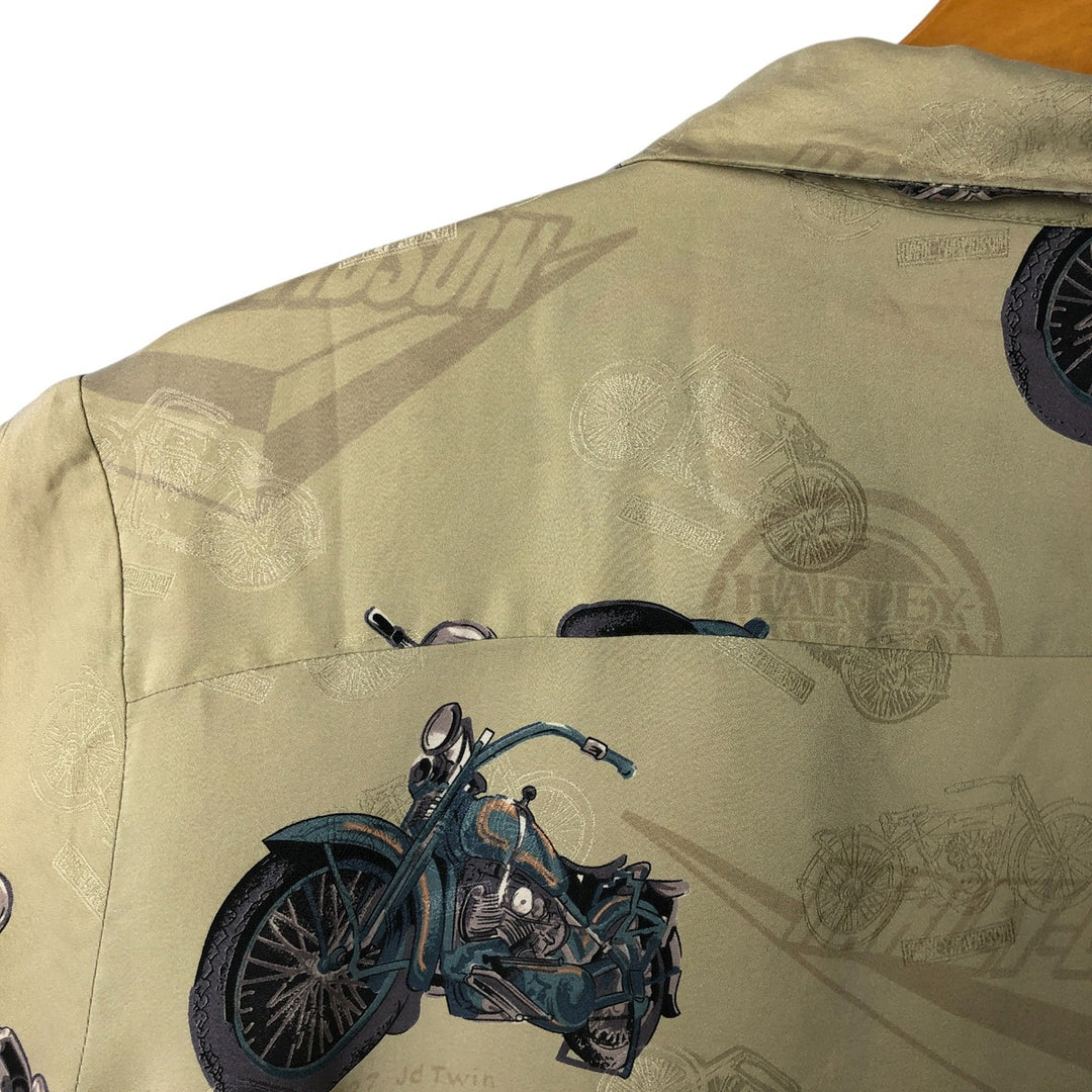 Harley Davidson all-over print open collar silk Hawaiian aloha shirt box shirt women's size M silk Khaki type sage green Vintage Second Hand