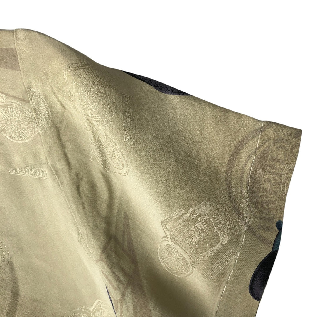 Harley Davidson all-over print open collar silk Hawaiian aloha shirt box shirt women's size M silk Khaki type sage green Vintage Second Hand