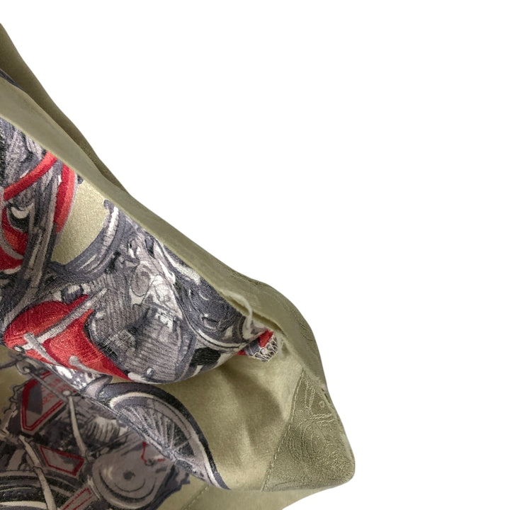 Harley Davidson all-over print open collar silk Hawaiian aloha shirt box shirt women's size M silk Khaki type sage green Vintage Second Hand