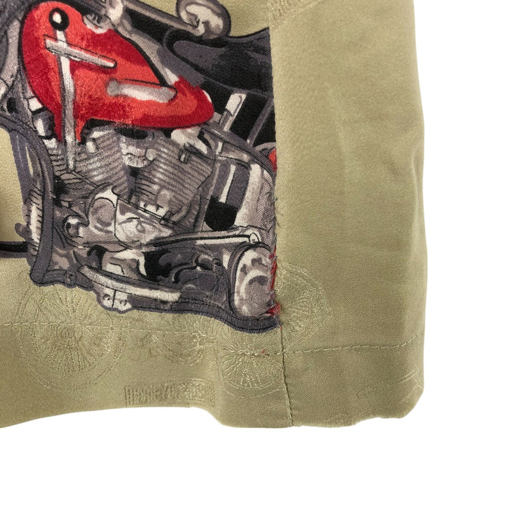 Harley Davidson all-over print open collar silk Hawaiian aloha shirt box shirt women's size M silk Khaki type sage green Vintage Second Hand
